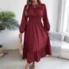 Women's Fashion Retro Solid Color Long Sleeve Waist A-Line Skirt Round Neck Pullover Dress
