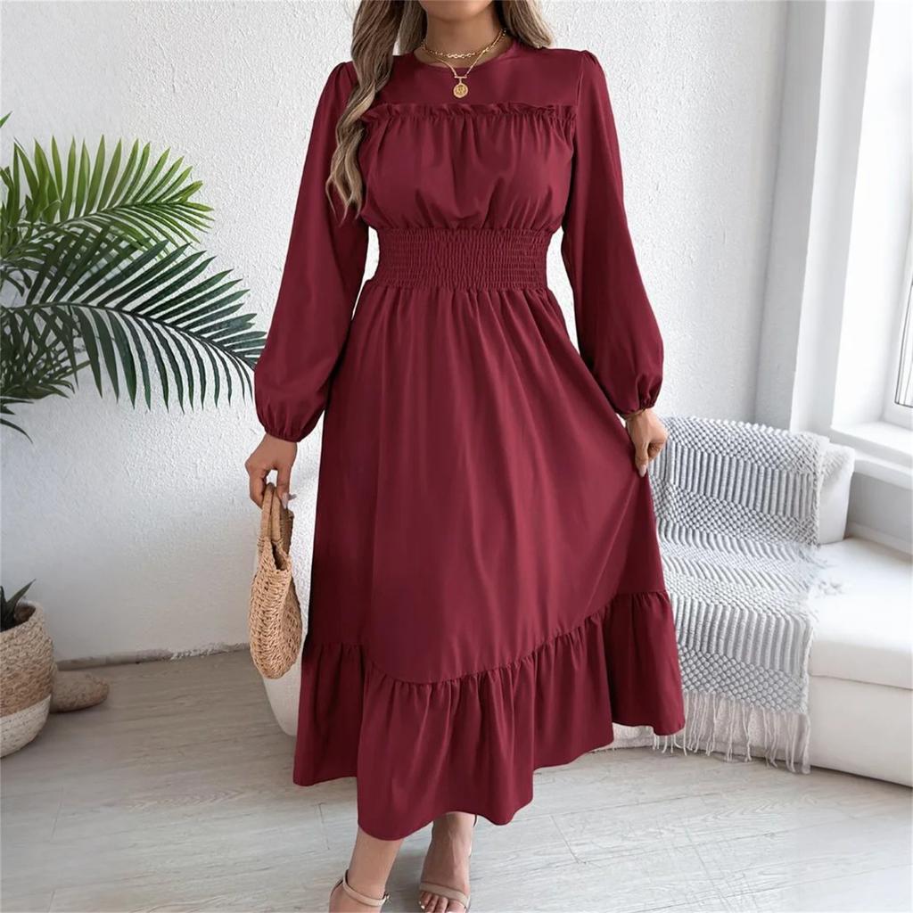 Women's Fashion Retro Solid Color Long Sleeve Waist A-Line Skirt Round Neck Pullover Dress