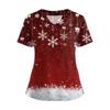 Women's Short Sleeved Christmas Printed V-neck Buttonable Side Slit Top T-shirt