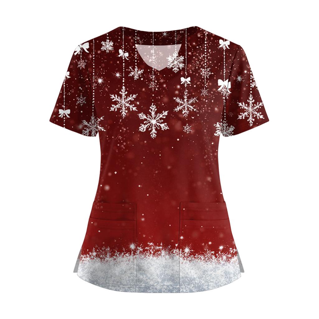 Women's Short Sleeved Christmas Printed V-neck Buttonable Side Slit Top T-shirt