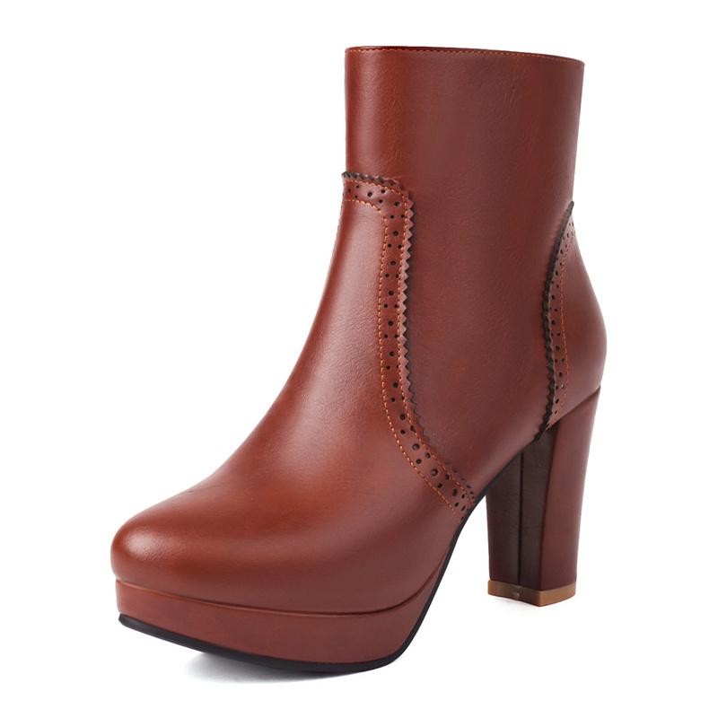British Platform Ankle Boots Women Red Brown Pinked Microfiber High High Chunky Heel Winter Dress Office Lady Zipper Short Boots