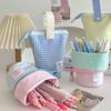 Ctrast Color Women Handle Storage Bag Girls Vertical Pencil Case Portable Pen Holder Retro Plaid Cosmetic Bags Clutch Purse