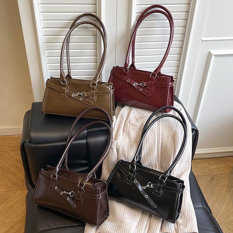 PU Leather Retro Shoulder Bag Large Capacity Boston Pillow Handbag with Metal Belt Buckle Leisure Armpit Bag Commute Handbag