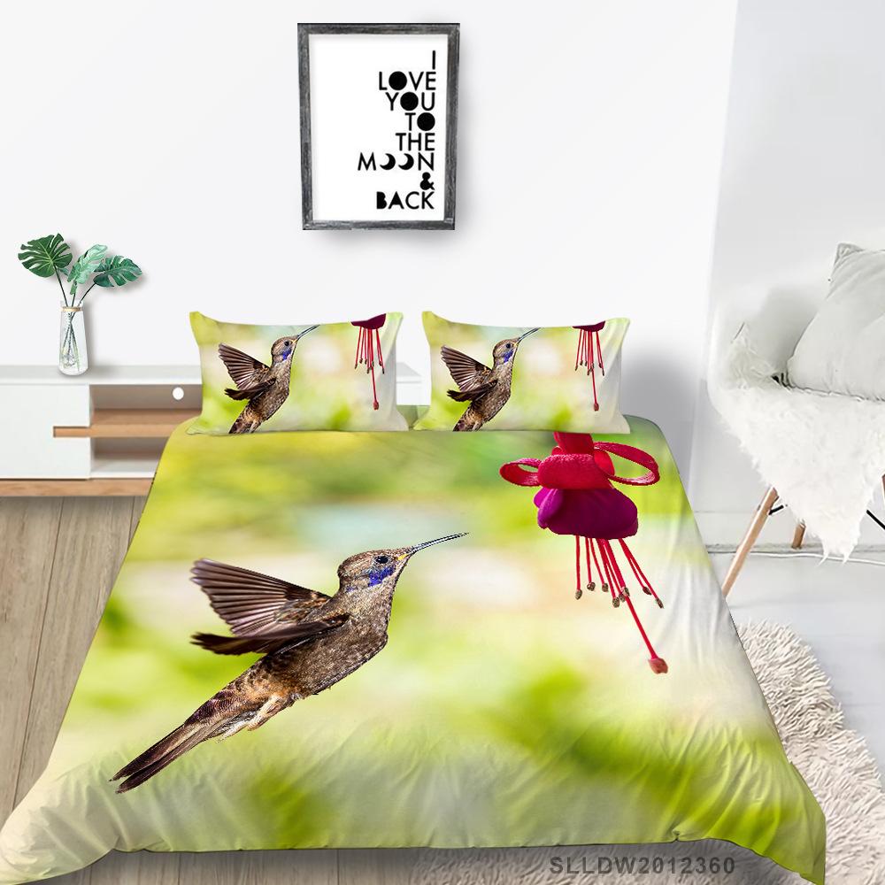 Hummingbird Duvet Cover Set King/Queen Size Small And Cute Tropical Bird Yellow Flower Green Leaves  Bedding Set Women