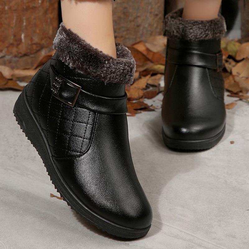 Fashion Retro Faux Pu Leather Snow Boots Women Winter 2025 Zipper Up Wedges Snow Boots Woman Anti Slip Furry Warm Booties Female