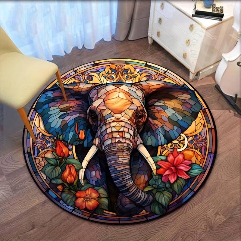 

Round Crystal Velvet Rug Elephant Stained Glass Art Floral Pattern Floor Mat Home Decor Living Room Bedroom Carpet VibrantDesign 60cm