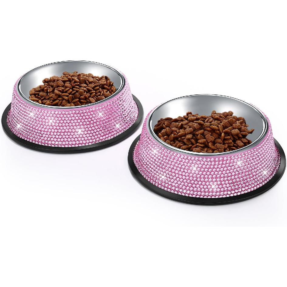 SAVORI Bling Dog Bowls Pink, 640ML Handmade Bling Rhinestones Stainless Steel Pet Bowls Double Food Water Feeder for Puppy Cats Dogs - Set of 2