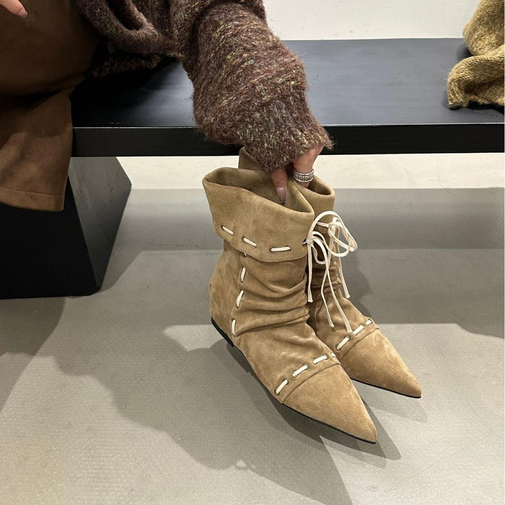 Inner Heightening Suede Pointed Lace-up Short Boots Women's 2025 Autumn and Winter New Korean Version of Western Cowboy Boots Sleeve Fashion Boots