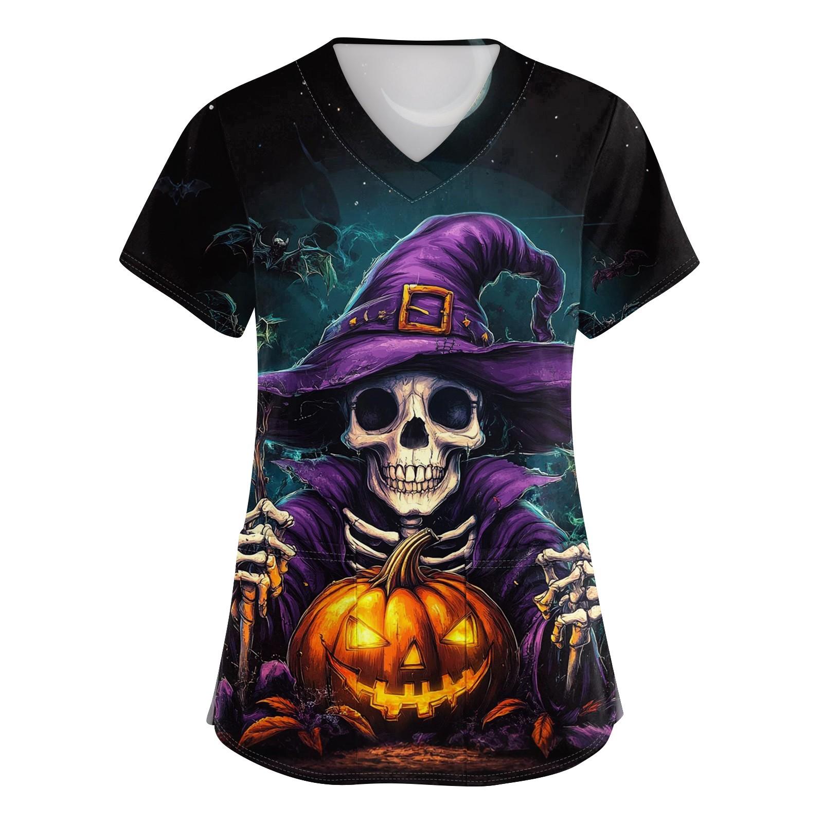 Women s V-neck Halloween Printed Short-sleeved Pocket Side-slit Protective Suit Top XXL