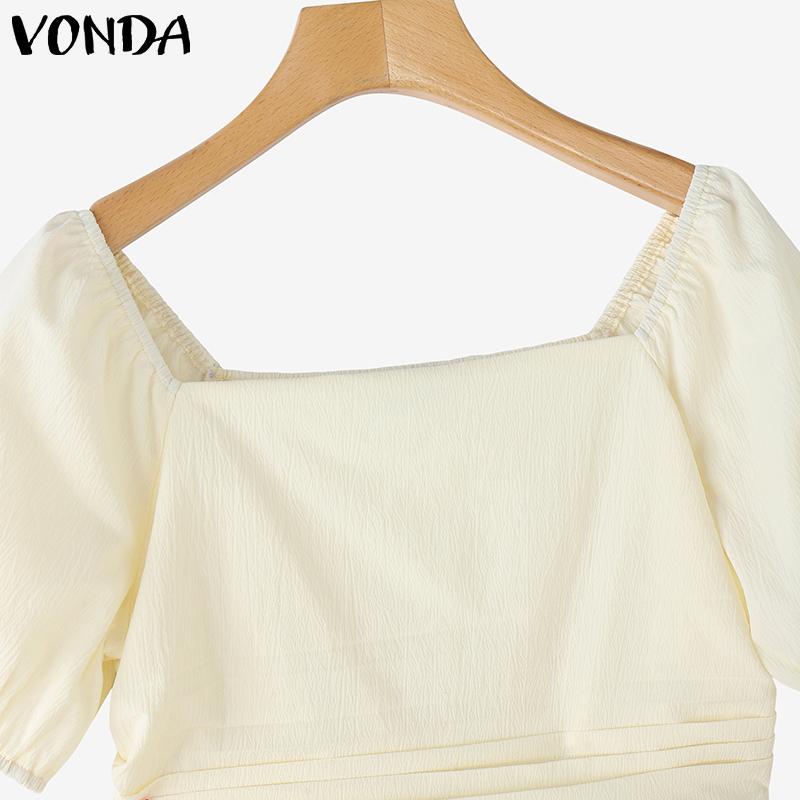 VONDA Women Square Collar Puff Sleeve Ruffled Casual Rumple Blouse