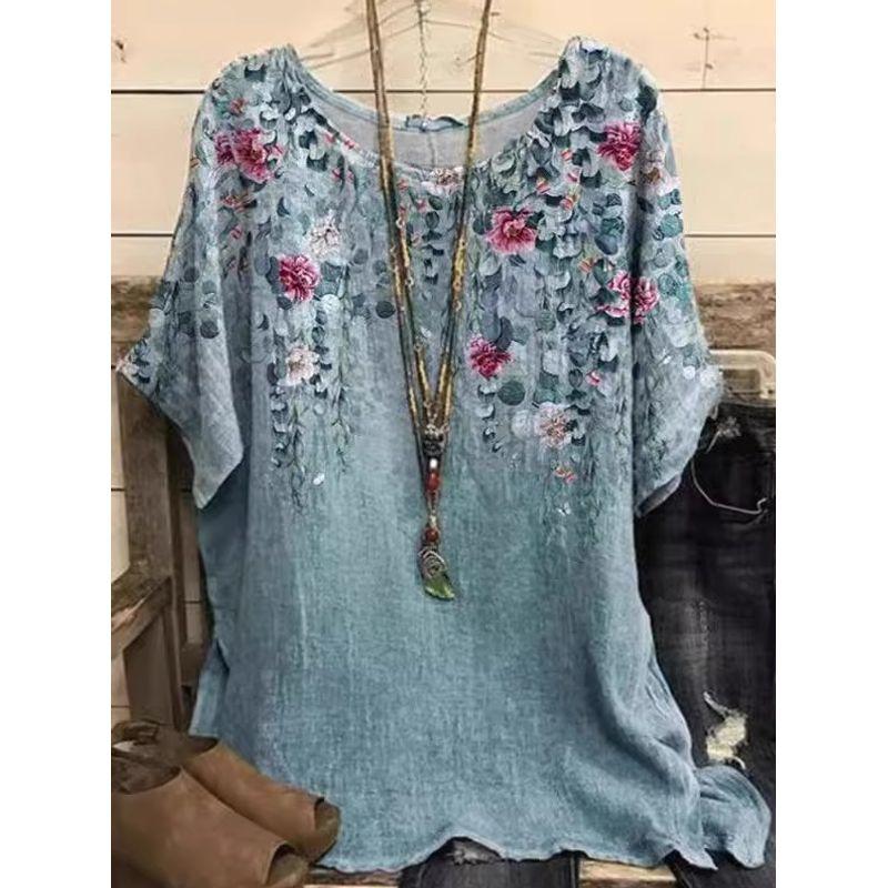 Printed round Neck Neck Casual Loose Top Print round Neck Top Women