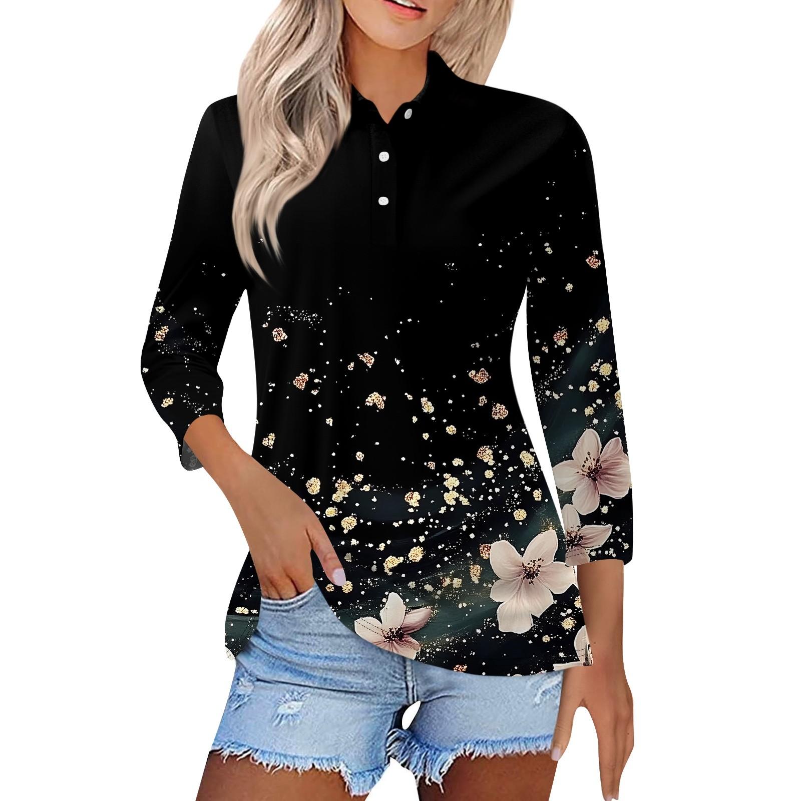 

Женская модная повседневная рубашка с короткими рукавами 3/4 с лацканами и принтом, женские топы на пуговицах L чёрный
