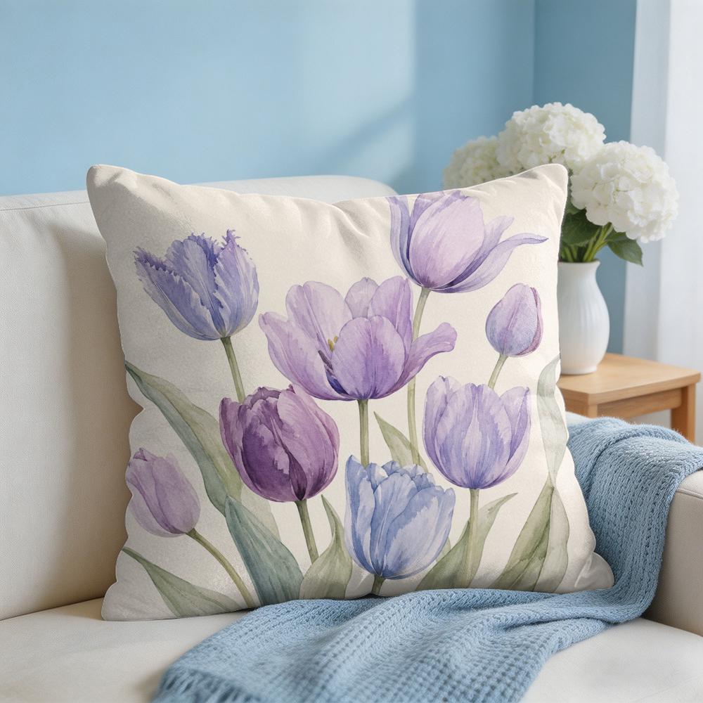 Cushion Cover Tulip Flower Short Plush Soft DoubleSided Printing Pillow Case Cozy Sofa Bedroom Home Decor Gift