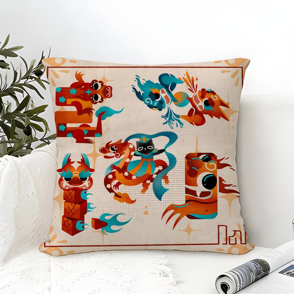 Oriental Festive Lion Print Pillow Case Cotton Linen Fabric Square Zipper Pillowcase Home Decorative Living Room
