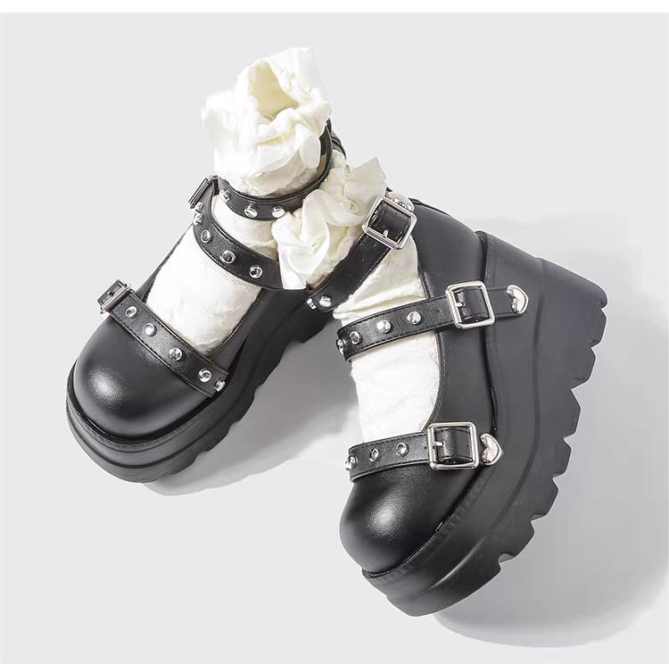 Fashion The 2025 autumn new style of thick-soled, round-toed, shallow-mouthed rivet belt buckle fashionable single shoe