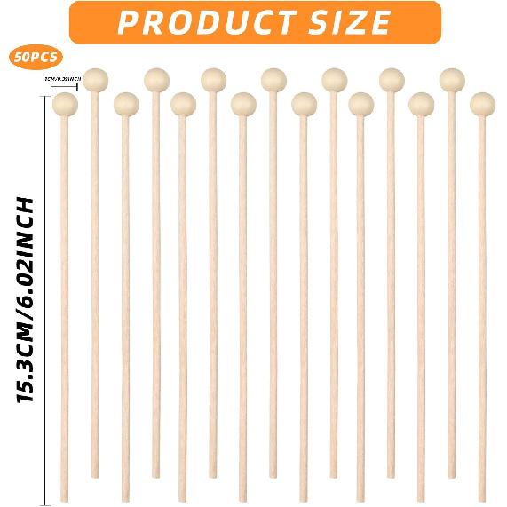 50 Pack Wooden Rock Candy Sticks with Ball Tips- 6 Inch Natural Wood Cake Pop & Drink Stirrer Sticks, Wood Swizzles Sticks for Chocolate Dipping &