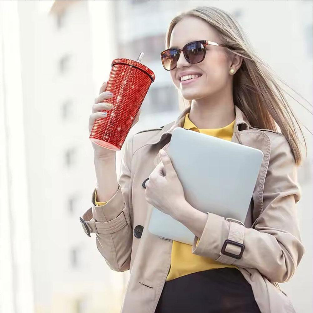 Insulated Straw Tumbler Stainless Steel Rhinestone Cup 24 Hour Hot Cold Water Coffee Drinkware For Office Travel Gym Accessories