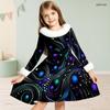 Girls High Neck Long Sleeve Black Silver Printed White Fur Trim A Line Flared Dress