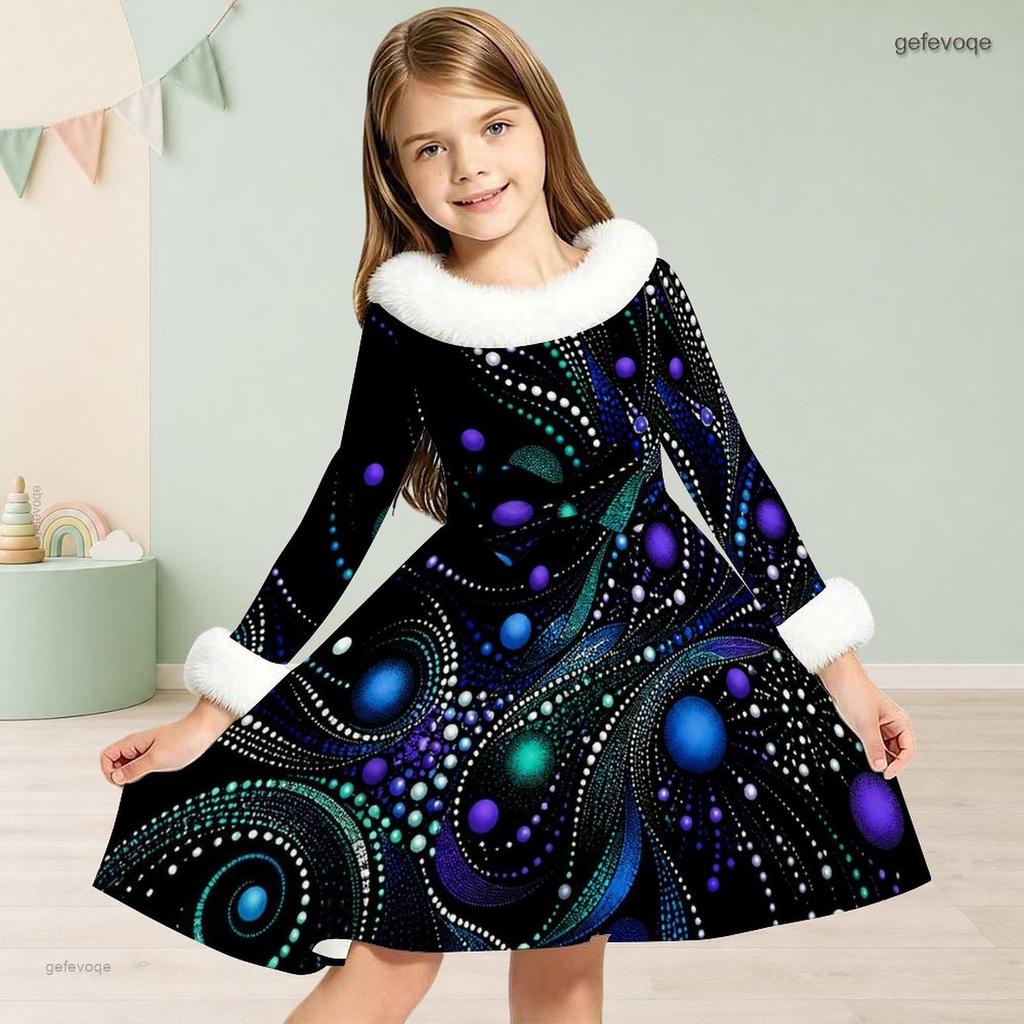 Girls High Neck Long Sleeve Black Silver Printed White Fur Trim A Line Flared Dress