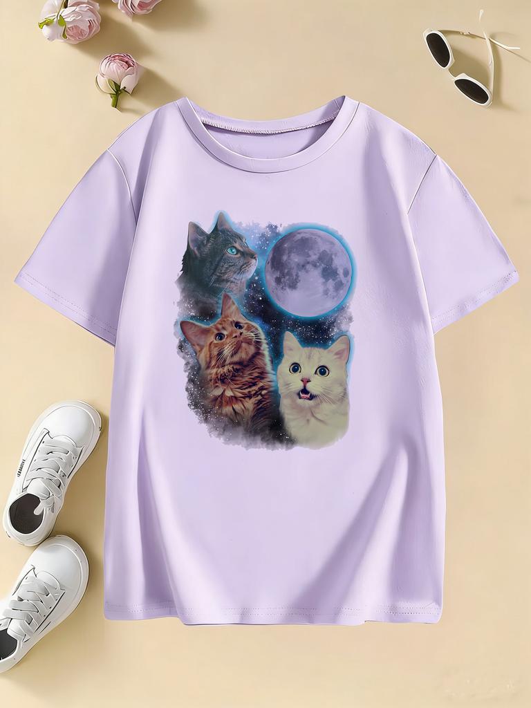 Cat with Moon Design T Shirts Manga Kids Children's T-shirt Boys Girls Summer Spring Casual Top Tee