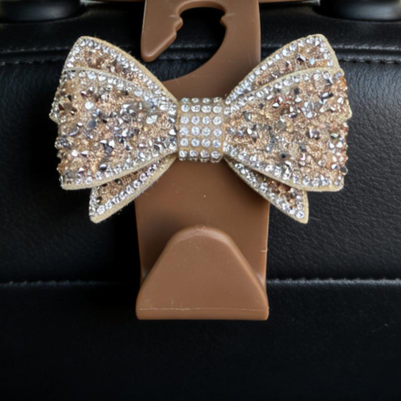 Car Headrest Hooks Shiny Rhinestone Bow Ornament Super Load Bearing Sturdy Universal Auto Hangers for Groceries Handbags Clothes