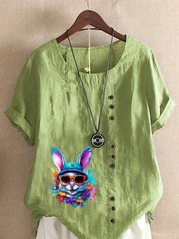 

Women s Fashion Colorful Rabbit Floral Print Round Neck Short Sleeve T-shirt Casual Cotton Linen Graphic Shirt Leisure Loose Summer Blouse Tops 5XL зелений