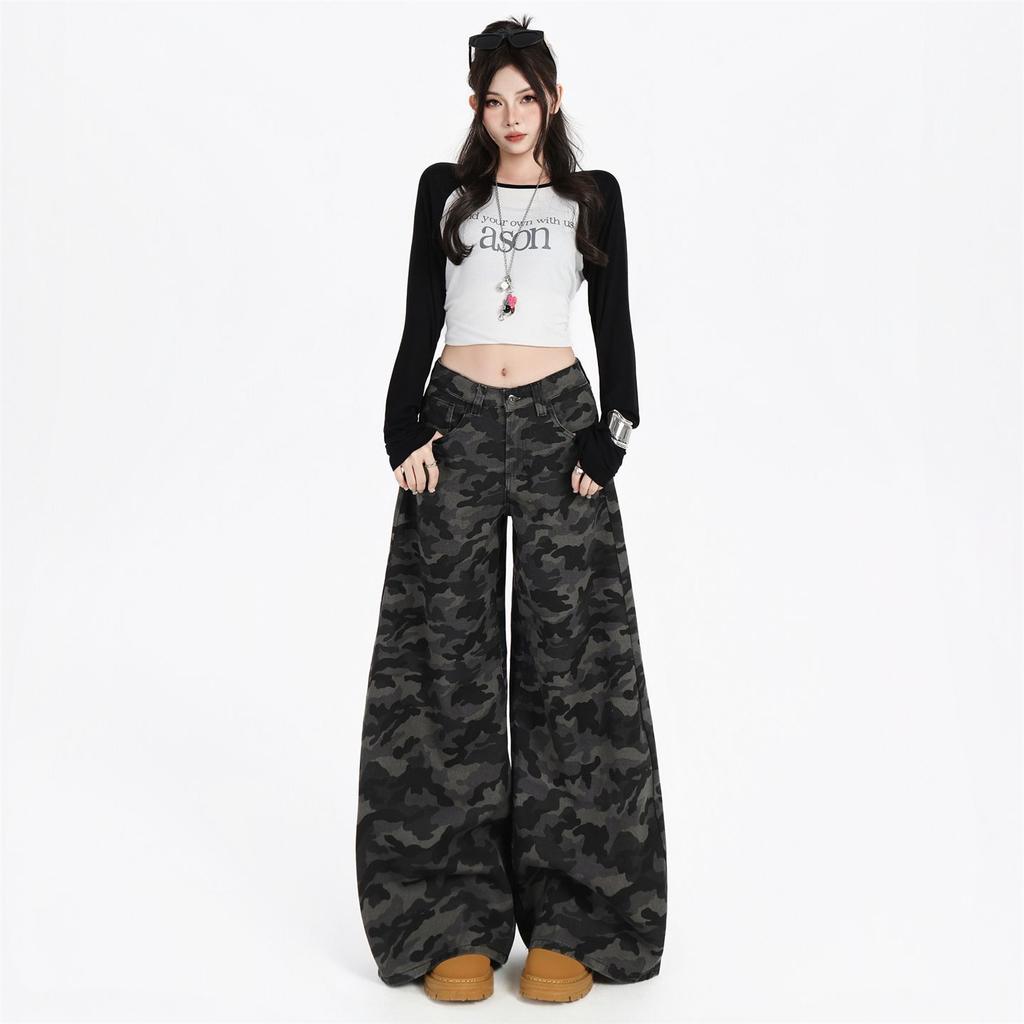 Jeans da Lavoro Camouflage High Street Autunnali Jeans in Denim Pantaloni Casual Larghi a Vita Alta da Donna Pantaloni Lunghi Jeans per Donna Pantaloni Lunghi in Denim