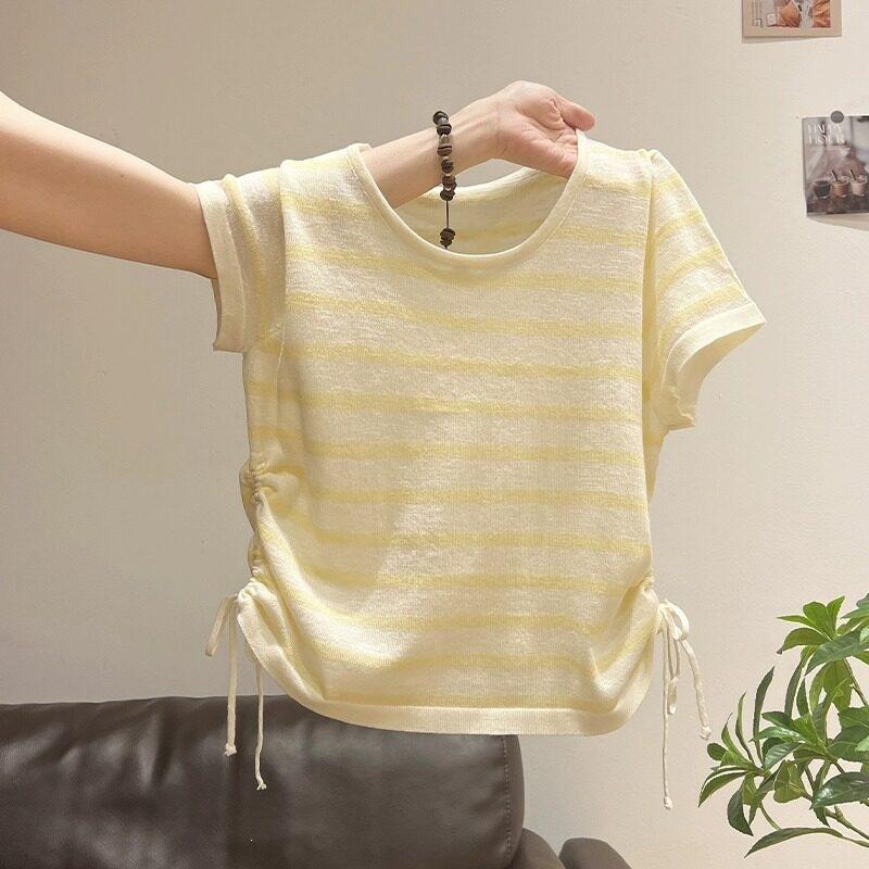 Yellow Striped Knitted Short-sleeved T-shirt Women's 1116 New Summer Pleated Waist Design Drawstring Spice Top