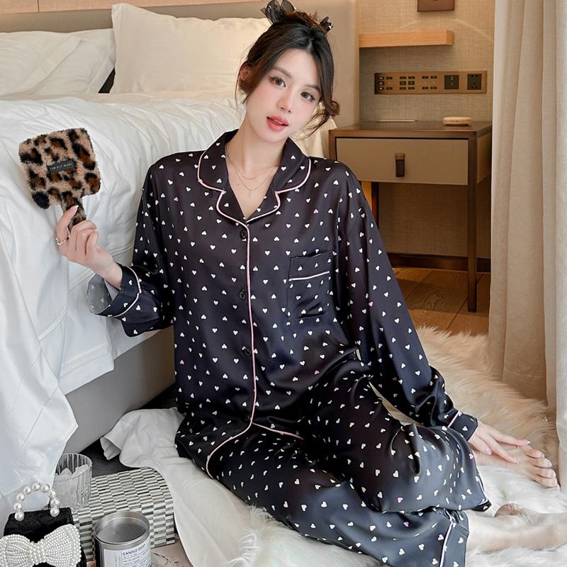 Summer High-End Green Fashion Lapel Pajamas Women'S Long-Sleeved Trousers Plant Flower Loungewear Set