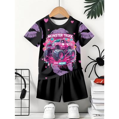 Valentine's Day Boy's Fashion Cartoon Pattern 3D Print Summer Round Neck T-Shirt and Shorts Set