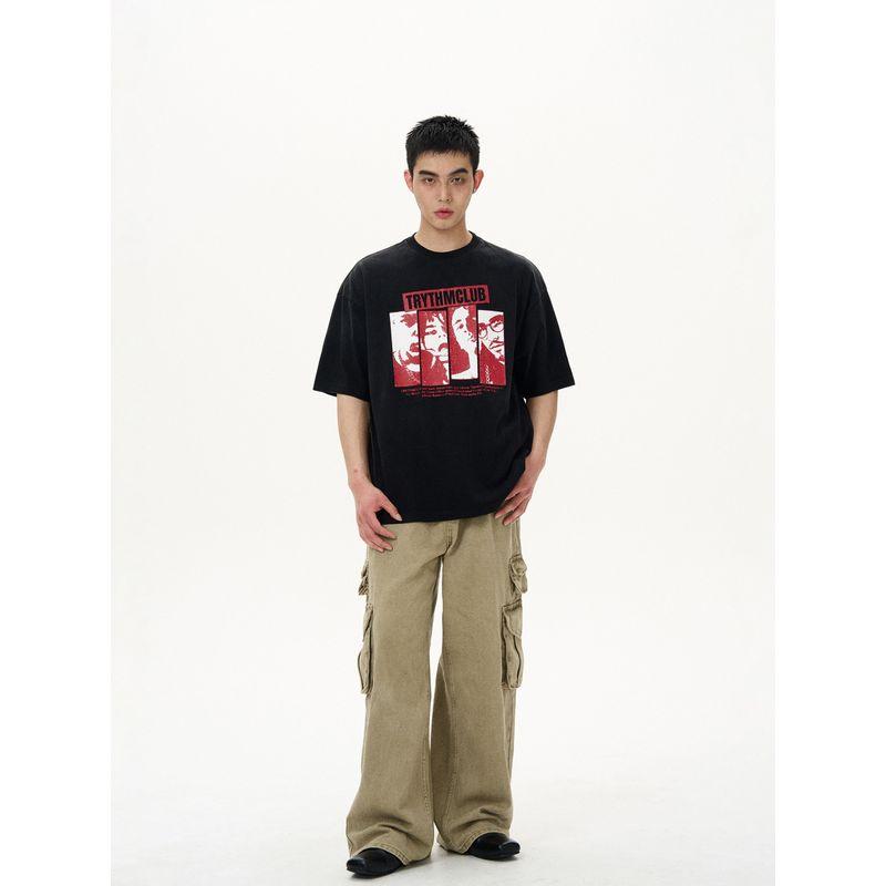 Kisko Design-Inspired American-Style Character Print Loose Round-Neck Short-Sleeve T-Shirt for Men and Women, Cool and Casual Summer Tee, Trendy