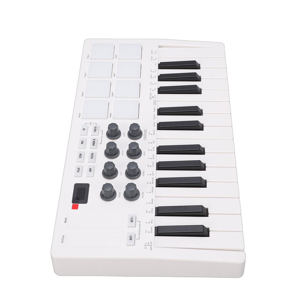 25 Key MIDI Keyboard Controller   with 8 Backlit   Pads 8 Knobs Portable for Computer Recording Music Production White