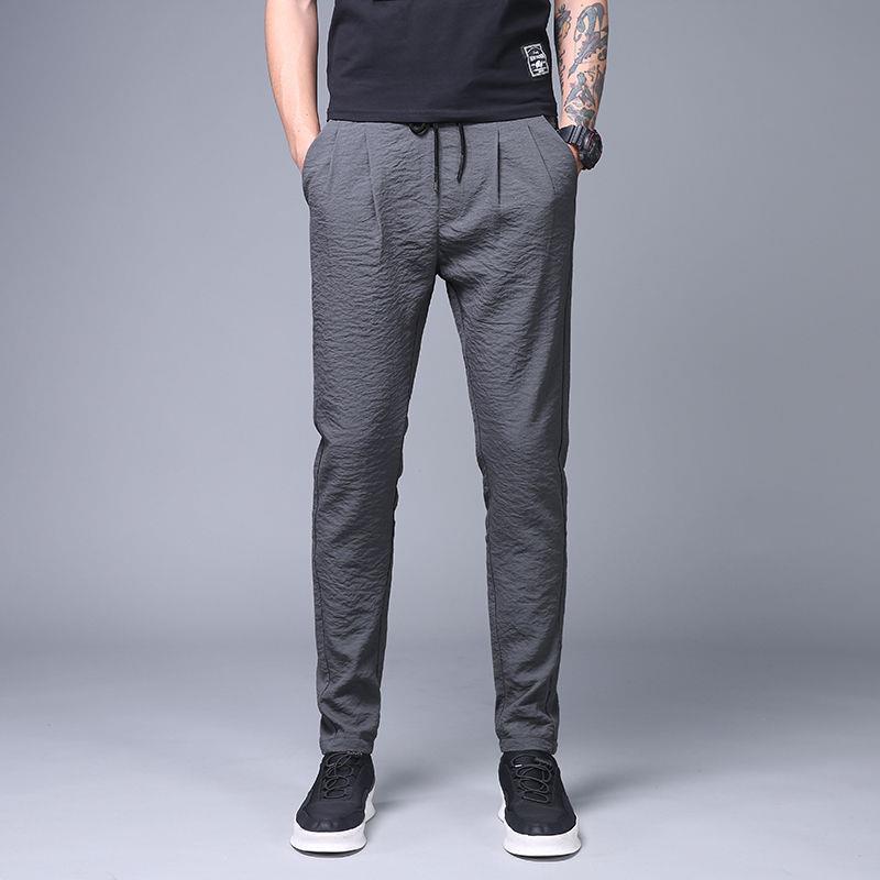 2023 Men's Loose Ice Silk Pants: Lightweight Korean-Style Trendy Summer Casual Straight Nine-Point Trousers.