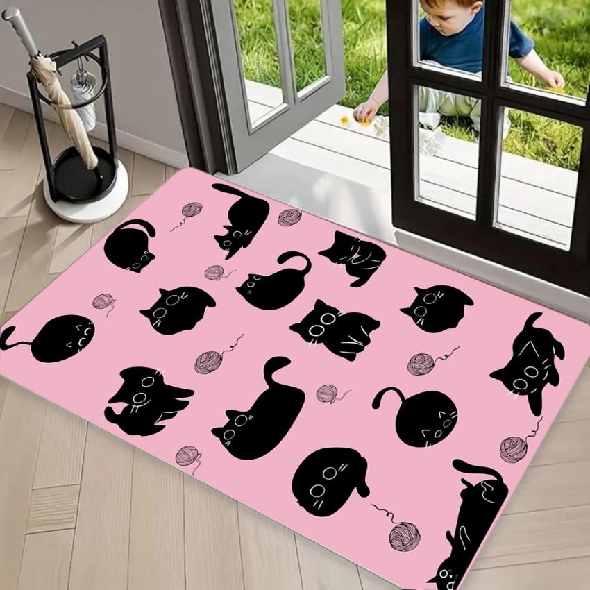 Cute Black Cat Skull DOORMAT Area Rug Pink Background with Gothic Bow Tie Stylish Non-Slip Floor Mat for Entryway