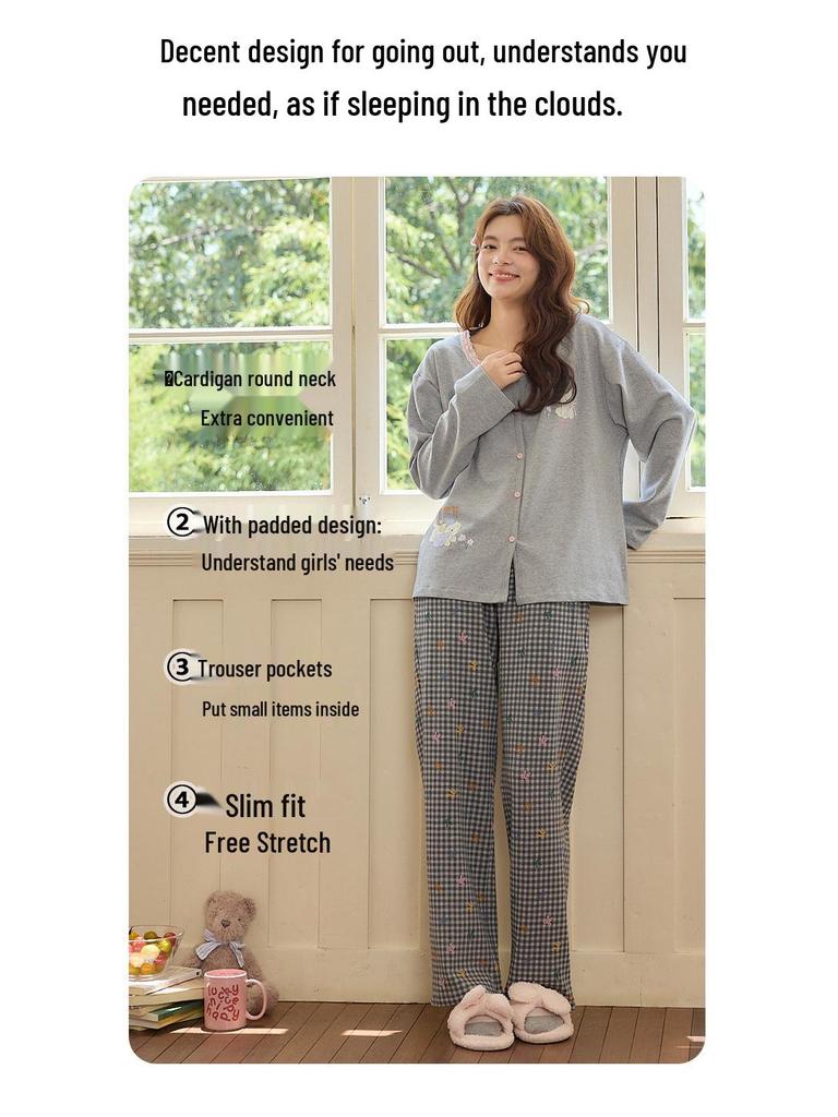 Women's Long-Sleeve, Long-Pant Pajama Onesie with Built-in Bra Pad, Round Neck, Wearable Outdoors, Cute for Home or Casual Wear
