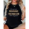 Women Plus Size French Letter Print Black Crew Neck Casual Tee