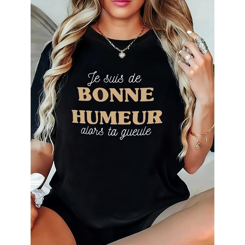 Women Plus Size French Letter Print Black Crew Neck Casual Tee S чёрный
