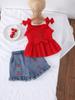 Summer 2026 Girls' Spaghetti Strap Top & Cherry Denim Shorts Set