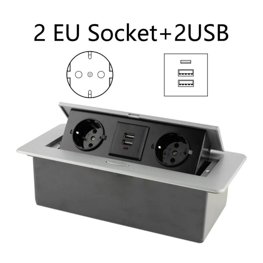Aluminum Panel Desk Socket EU Socket Desktop Outlet With Cable Plug Hidden Socket  Kitchen Counter