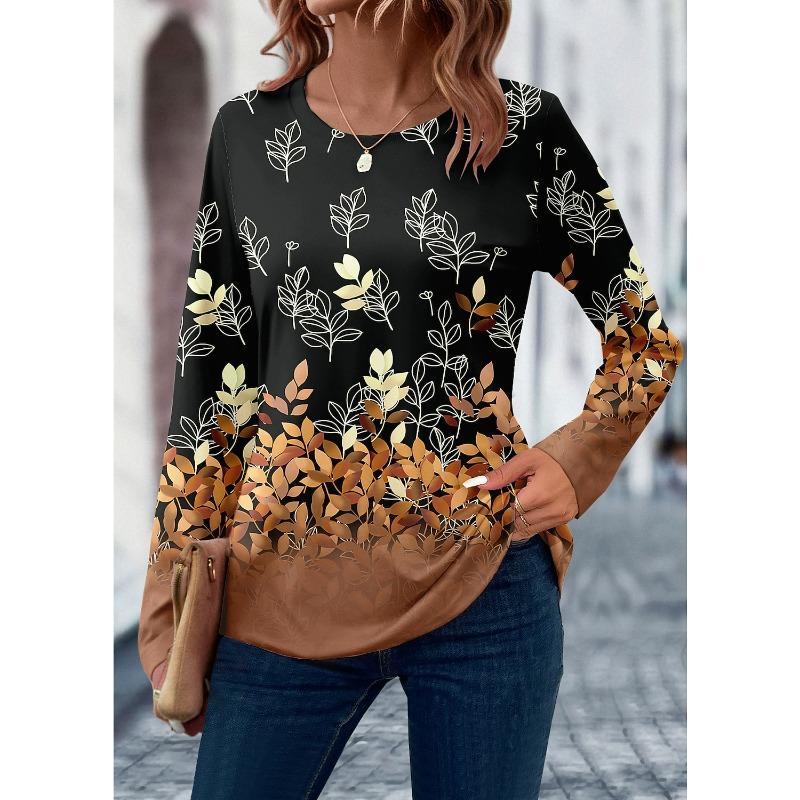 Autumn Women's T Shirt 3D Print Floral Leaf Design Long Sleeve Daily Weekend Fashion Round Neck Clothing Top
