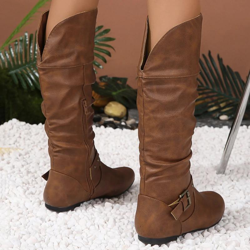 Leather Boots Women Western Mid Calf Retro Knee High Long Elegant Boots Thigh Booties Winter Heeled Knee Party Shoes