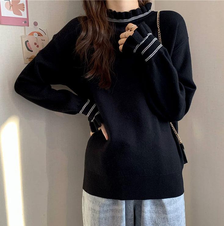 

Korean version of white bottoming shirt for women s autumn and winter inner sweater semi-turtleneck with wooden ears and versatile outer one size fits all чорний