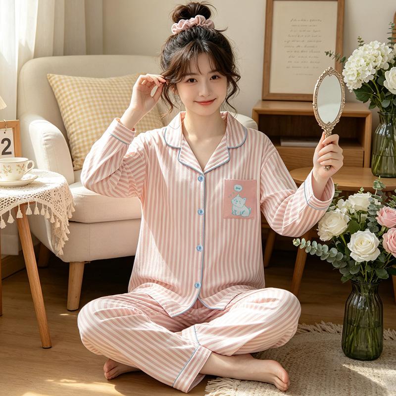 High-value imitation cotton long-sleeved pajamas women's spring and autumn new casual loose striped cardigan loungewear set