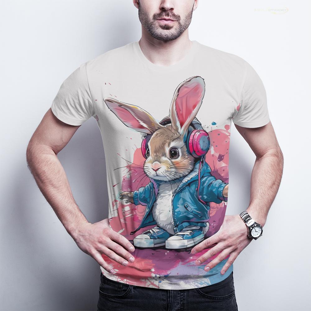 Hip-Hop Bunny Graphic Tee - Urban Streetwear Rabbit with Headphones, Splash Art Design, Soft Polyester, Men's T-Shirt