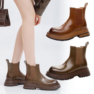 Skórzane buty damskie w stylu retro BV, buty do kostki na grubej podeszwie, podwyższające, buty damskie Martin, buty damskie 25 jesień i zima nowe krótkie buty wome