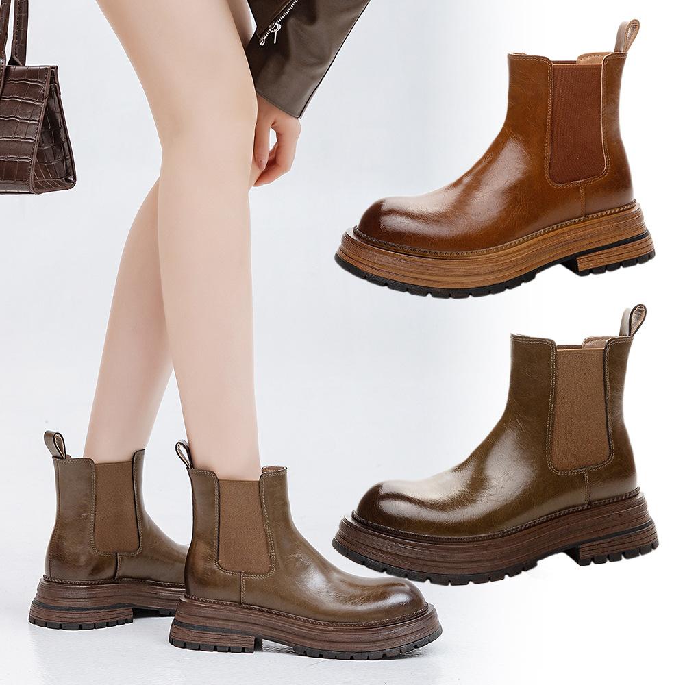 Leather BV Retro Fashion Cigarette Boots Women's Thick-soled Heightening Women's Martin Boots Women's Boots 25 Autumn and Winter New Short Boots