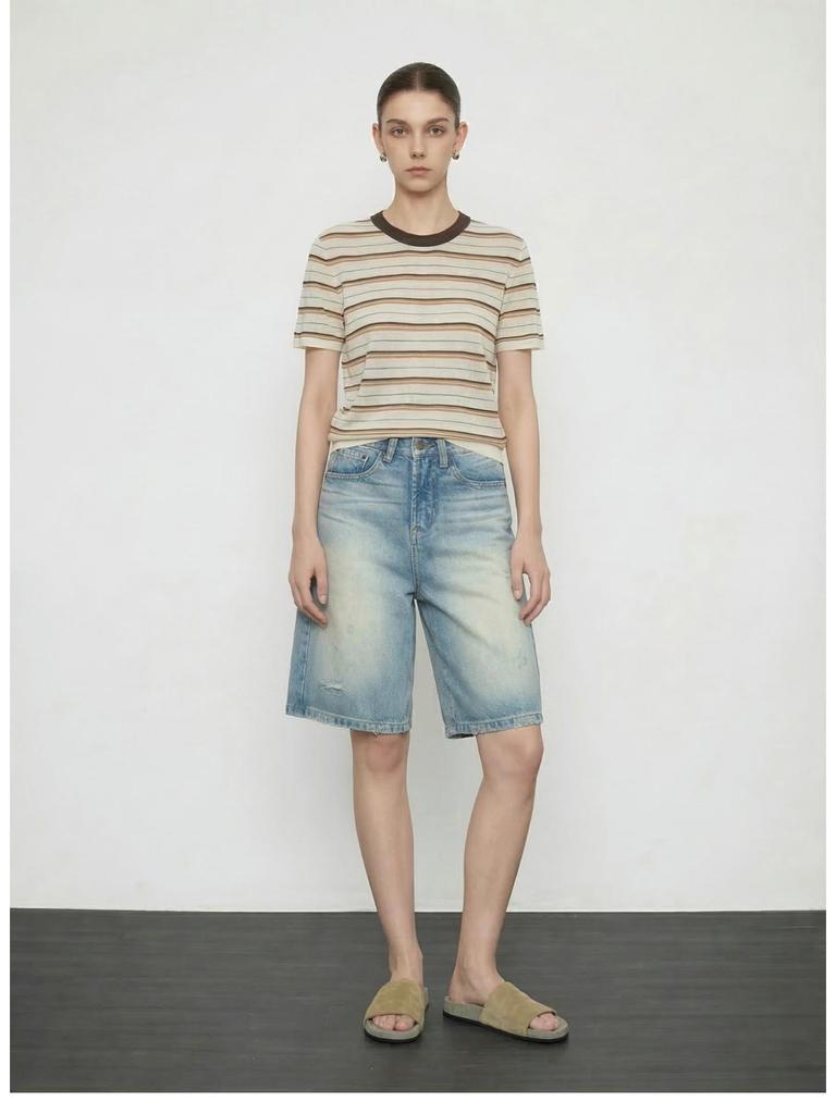 JOCORBEI Retro Ripped Cotton Distressed Straight Denim Shorts (Spring 2026)