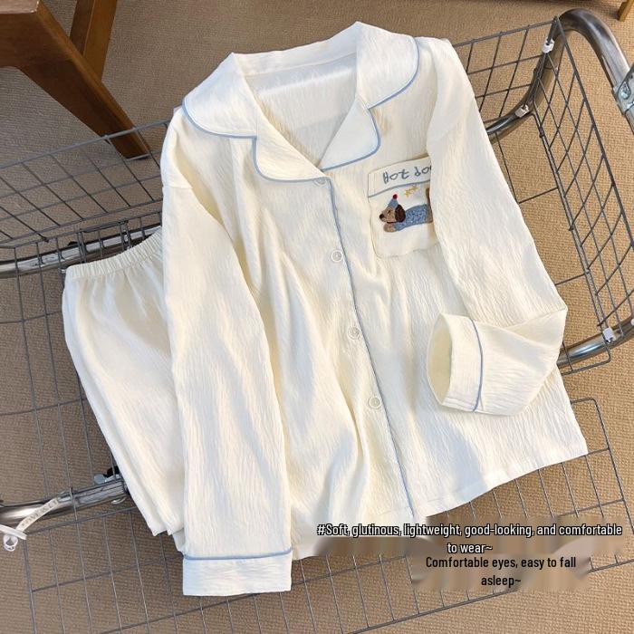 Women's Spring & Autumn Cloud Cotton Pajama Set - Thin Print & Embroidery, Loose Fit, Long Sleeve & Pants Home Wear.