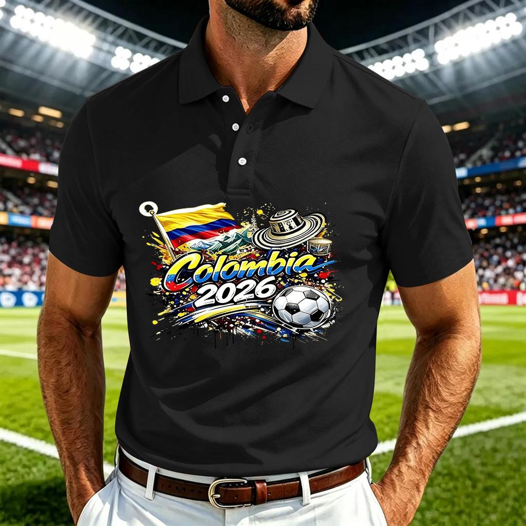 Men's Casual Polo Shirt Quick Dry Breathable Mesh Short Sleeve Lightweight Soccer Print Collared Top for Outdoor Sports and Daily Wear