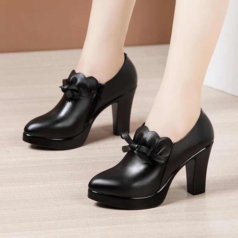 9cm 11cm Small Size 32-43 Elegant Black Bow Block High Heels Shoes for Office Model 2025 Thick Bottom Deep Mouth Platform Pumps